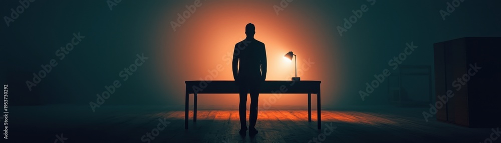 Fototapeta premium Silhouette of businessman standing behind desk with glowing lamp in dramatic room