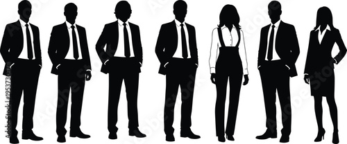 Diverse business professionals silhouettes standing together in formal attire representing corporate teamwork, leadership, workplace diversity, management, and organizational success