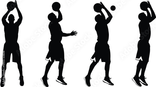 Silhouette sequence of basketball player performing jump shot motion with ball release and follow-through, sports training vector illustration design