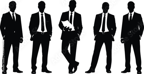 Silhouettes of professional business men in suits standing confidently, teamwork concept, leadership illustration, corporate office staff collaboration vector design.