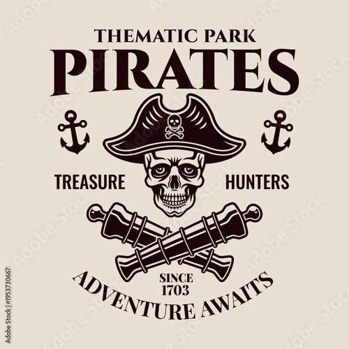 Pirate skull wearing captain hat with crossed ship cannons in vintage engraving style. Monochrome vector emblem perfect for pirate theme parks, adventure branding and nautical designs
