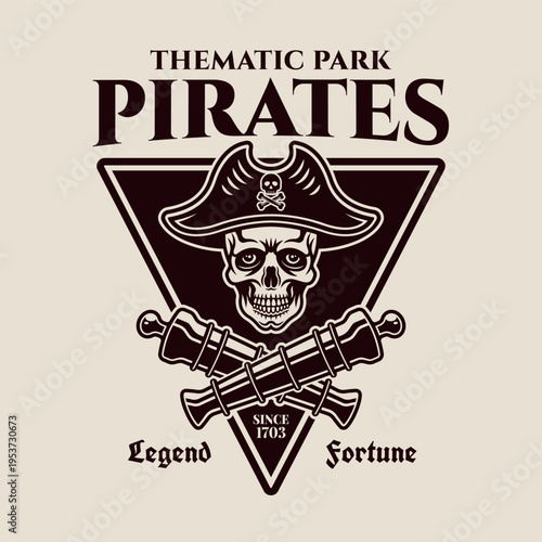 Pirate themed vintage vector emblem with skull and crossed ship cannons in engraving style. Perfect for adventure parks, pirate events, entertainment branding and retro labels