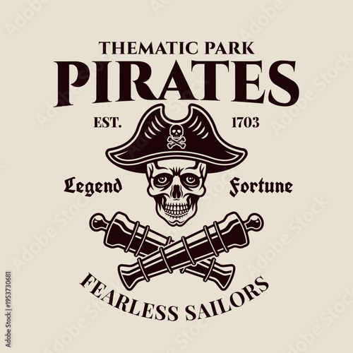Vintage pirate emblem with skull, captain hat and crossed ship cannons. Monochrome engraved vector ideal for theme park attractions, pirate festivals and adventure labels