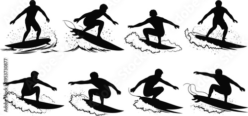 Silhouettes of tennis players performing dynamic action poses with rackets and balls, symbolizing sport, competition, energy, training, and athletic teamwork.