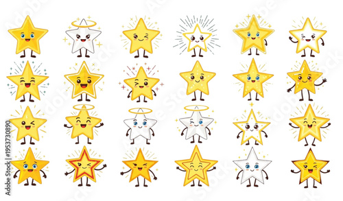 A set of cartoon star characters with various happy and sad expressions