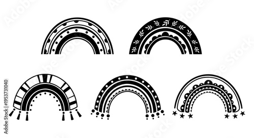 Black rainbow clipart set, Isolated celestial doodle, Hand drawn vector graphics