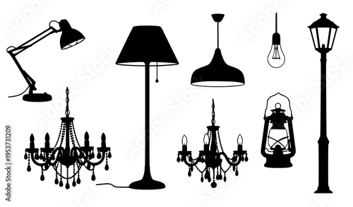 A collection of various lamps and lighting fixtures in a simple black silhouette style