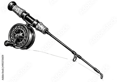 Detailed illustration of a classic ice fishing rod and reel with line on a white background