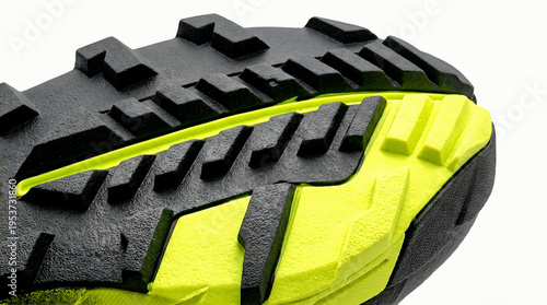 A macro close-up of a rugged, high-performance hiking boot outsole. The aggressive black rubber tread pattern features integrated bright neon yellow/green lugs for enhanced traction on challenging ter