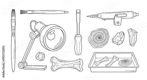 Assorted hand tools and hardware laid out in a workshop setting with clamps, bits, and measuring instruments.