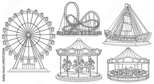 Whimsical collection of classic amusement rides in a lively park setting with Ferris wheel, carousel and roller coasters.