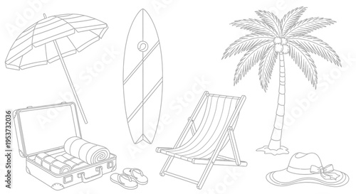 Beach Scene with Umbrella, Surfboard, and Palm Tree on Sunny Shoreline.