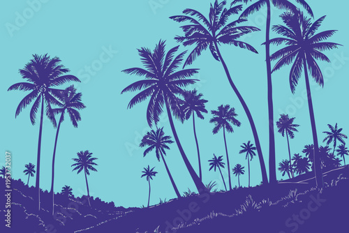 Purple silhouette of palm trees on a hill