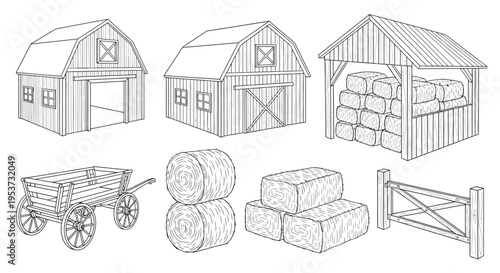 Rustic farmyard scene with multiple barns, a wagon, hay bales, and stacked timber in a rural setting.