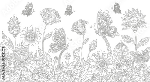 Intricate grayscale illustration of assorted flowers and border.