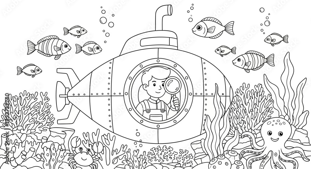 Obraz premium Underwater Submarine Adventure Amid Coral Reefs and School of Fish.