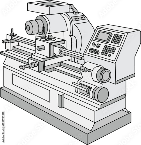 CNC lathe machine vector illustration with industrial control panel, precision metal machining equipment design for manufacturing