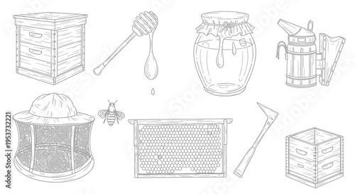 Hand-drawn icon set featuring microphone, drums, crate, bottles and boards in sketch form.