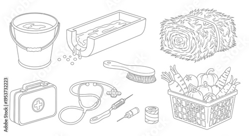 Assorted gardening tools and supplies arranged for home gardening hobby preparation.