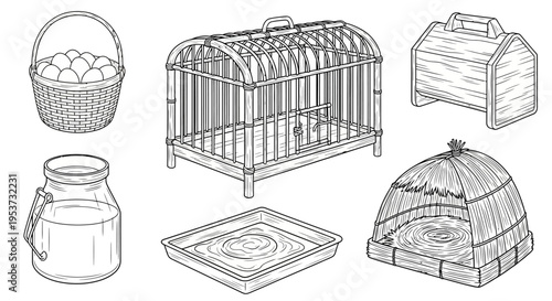 Collection of Pet Care Equipment Illustrations Including Cages, Carriers, and Accessories.