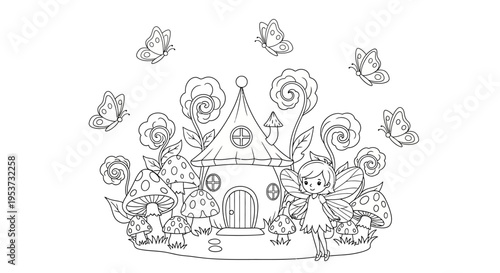 Whimsical fairy village scene with a cozy house and garden illustration.