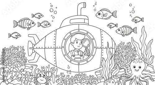 Underwater Submarine Adventure Amid Coral Reefs and School of Fish.
