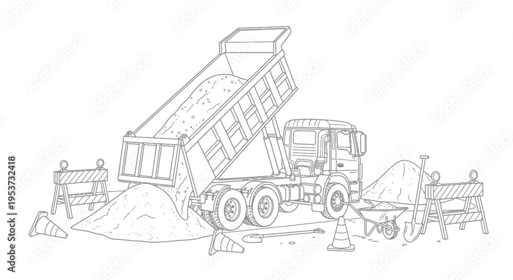Naklejka premium Construction site with dump truck unloading gravel and workers on an active project.