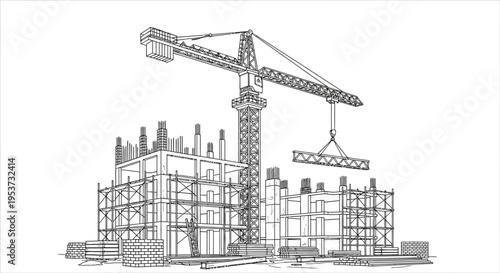 Active construction site featuring a tall crane and partially completed buildings in an urban development project.