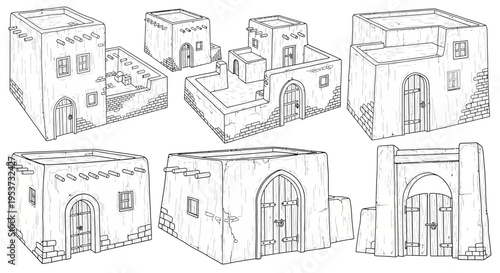 Sketches of rustic village houses with arches and courtyards in a quiet architectural scene.