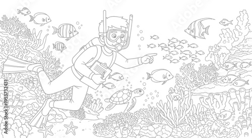 Underwater Adventure Scene with Diver, Superhero Figure, and Coral Reef Life Illustration.