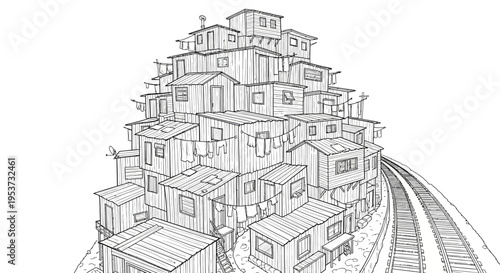 Stacked hillside houses forming a dense urban skyline sketch with a curved railway.