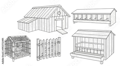 Sketches of Rural Farm Buildings, Fences, and Shelters Featuring Barns and Farm Architecture.