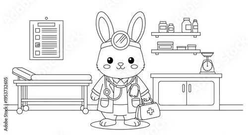 Cute bunny scientist in a laboratory surrounded by shelves and equipment illustration.