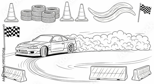Line art illustration of a drifting race car on a track with cones and flags.
