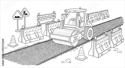 Construction site with road paving machine and bulldozer at work on fresh asphalt.