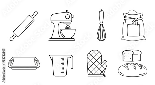 Collection of Baking Tools and Bread Icons for Kitchen Use.