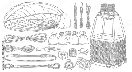 Illustration of weaving tools, baskets, and basketry equipment.