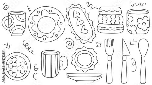 Set of tableware and cutlery in doodle sketch style. Hand drawn ink plates, mugs, cups, knives, forks, and spoons. Simple illustrations of food items, vector graphics.