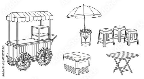 Outdoor street food stall with cart, umbrella, and seating setup along a market street.