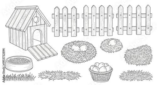 Illustration of a doghouse with a surrounding fence, bowls, bones and assorted dog toys in a yard scene.