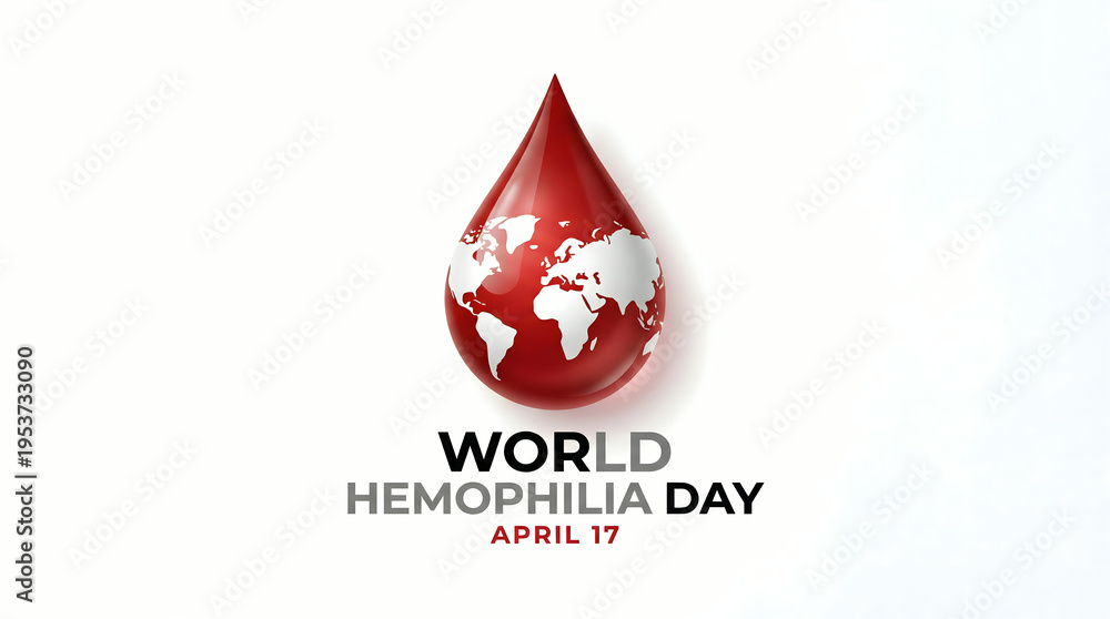 Obraz premium World Hemophilia Day Red Blood Drop Symbol with Global Map and Date