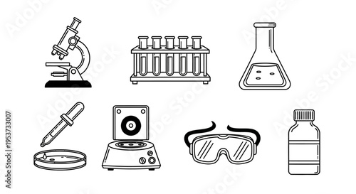 Collection of laboratory equipment including microscope, test tubes, flasks, goggles and bottles.