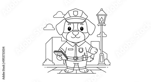 Cute cartoon firefighter dog standing in the city with helmet and hose.