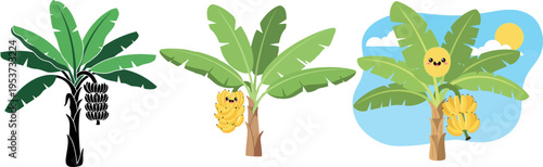 Illustration of banana trees bearing different types of bananas and a cheerful banana face
