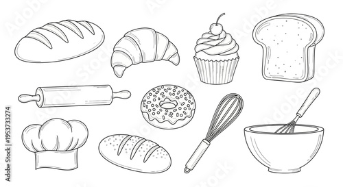 Assorted bakery scene with breads, croissants, cupcakes, muffins, and baking tools.