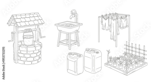 Sketches of a Cozy Domestic Yard and Household Tasks.
