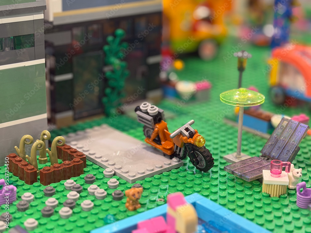Fototapeta premium Lego city motorcycle in backyard playset