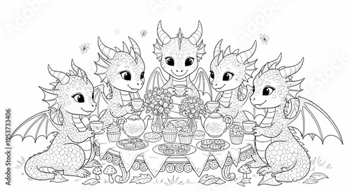 Whimsical dragons and dragonlings gathered around a table for a tea party.