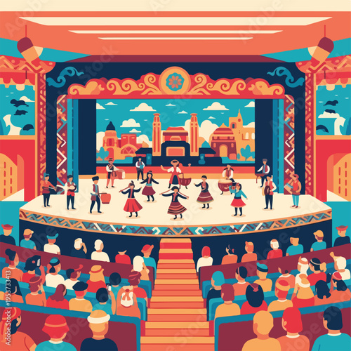 A vibrant theater scene, depicting a performance with dancers and musicians