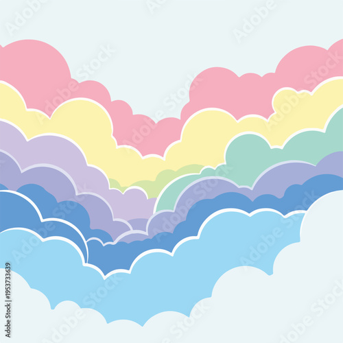 A whimsical illustration with layered, pastel colored cloud shapes